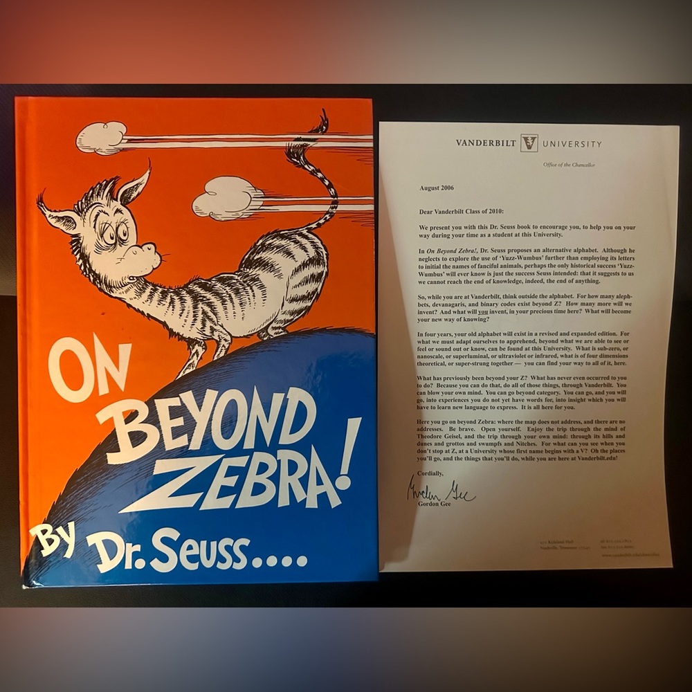Dr Suess,On Beyond Zebra book & letter from Vanderbilt University class of 2010